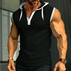 Close-up of black breathable mesh hooded tank top with white contrast piping for men