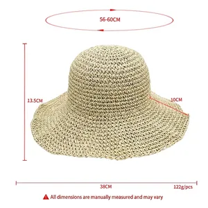 Women's foldable straw sun hat with wide brim, measuring 56-60cm for summer beach wear