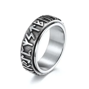 Nordic Viking Rune Spinner Ring Stainless Steel Rotatable Relief Band Vintage Punk Jewelry For Men And Women