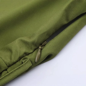 Elegant French green print maxi dress with shirt collar and high-quality invisible zipper