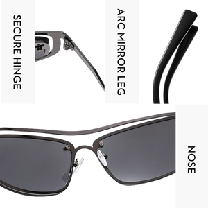 Detalle de bisagras de metal, patillas arqueadas y almohadillas nasales de gafas retro Y2K