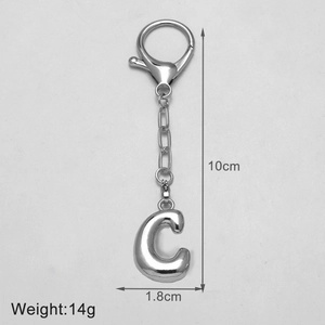 Detailed view of silver bubble letter C keychain with size 10cm and weight 14g
