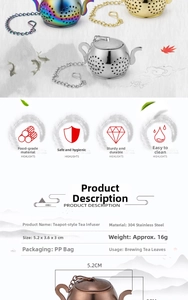 Detailed view of teapot-shaped 304 stainless steel tea infusers in multiple metallic finishes