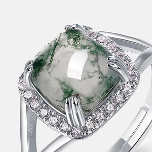 Square moss agate ring in S925 sterling silver with sparkling halo setting