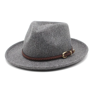 Grey wool fedora hat for men and women with brown braided leather band and gold buckle