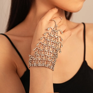 Rhinestone Tassel Hand Harness Mesh Copper Hand Chain With Ring For Women Party Banquet Jewelry Silver Tone
