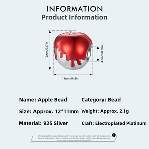 Macro view of 925 silver red enamel apple charm with melting effect and dimensions