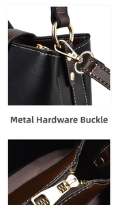 Detail view of leather bucket bag featuring gold hardware clasps and a zipper closure