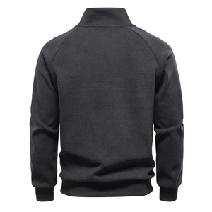 Men's dark grey fleece sweatshirt featuring a stand collar and raglan sleeves, back view
