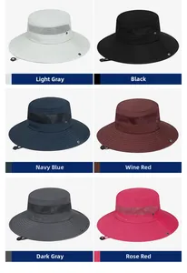 Detail showing various colors of breathable outdoor sun hats with mesh and adjustable cord