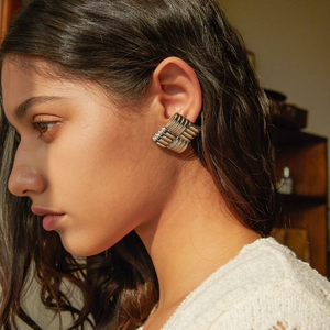 Silver square textured woven stud earrings in high-quality stainless steel for women