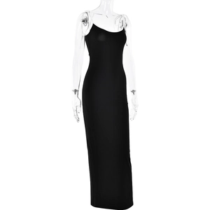 Detailed view of black slim-fit bodycon slip dress on a transparent mannequin