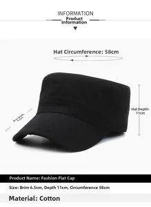 Flat top cotton cap size details with 6.5cm brim, 11cm depth, and 58cm circumference
