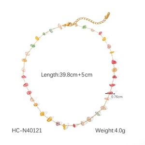 Detail view of colorful natural stone beaded necklace with 39.8cm length and gold chain