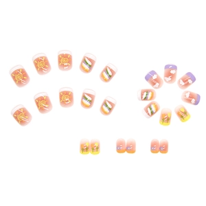 Cute cartoon press-on nails with summer candy gradient colors and hand-painted floral art