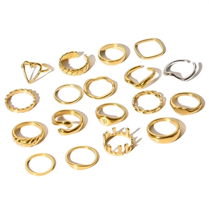 18K gold plated stainless steel ring set featuring diverse geometric and heart designs