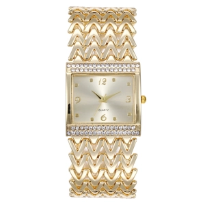 Women Quartz Watch Square Face Rhinestone Luxury Fashion Alloy Hollow V-Shaped Chain Strap Elegant Wristwatch