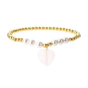 Close-up of pearl beaded bracelet with gold beads and pink heart-shaped pendant detail