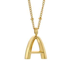 Polished gold 3D capital letter A pendant necklace with beaded stainless steel chain