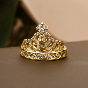 Golden crown ring with Virgin Mary emblem and sparkling zircon stones for women