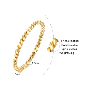 Detail of 1.5mm twisted texture ring in 18k gold plated polished stainless steel