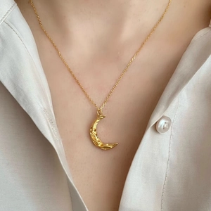 925 Sterling Silver Crescent Moon Necklace with Golden Hammered Texture Finish