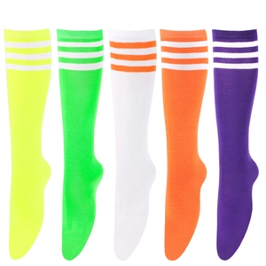 Detailed flat lay of colorful three-stripe knee high sports socks in five vibrant neon colors