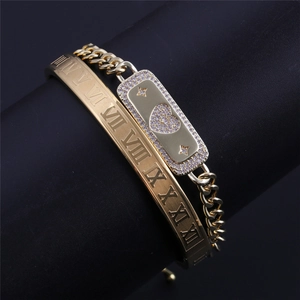 Gold zircon heart and star chain bracelet with Roman numeral engraved bangle jewelry set