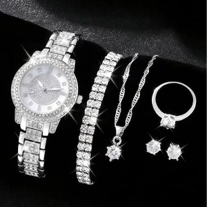 Elegant 5-piece silver watch and jewelry set with sparkling rhinestones on black leather