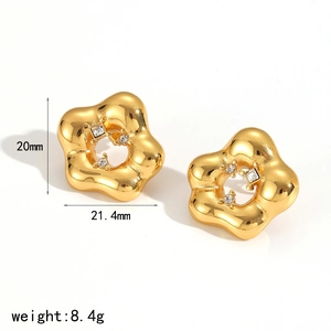 Detailed size view of gold flower earrings with crystals, 21.4mm width and 8.4g weight