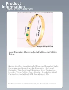 Spécifications de taille du bracelet coeur doré avec zircons multicolores en acier