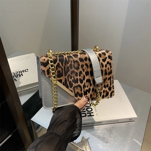 Chic leopard print and silver crossbody bag with gold chain strap on a modern book display