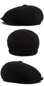 Detailed views of a black wool blend newsboy cap showing the classic 8-panel stitching