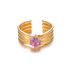 Anillo abierto dorado de lujo con circón rosa y diseño único de banda ondulada