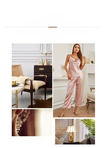 Detail view of pink satin pajama set featuring silk-like fabric texture and loose fit