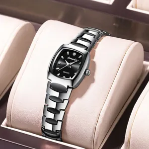 Elegant silver tungsten steel tonneau quartz watch with black dial and crystal markers