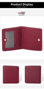 Detail view of wine red RFID leather wallet showing card slots and ID window