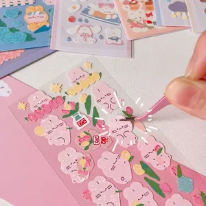 Cute PET waterproof rabbit stickers for journaling with glitter finish and tulip design