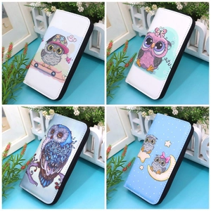 Collage of long zippered owl wallets in various colors with textured PU leather finish