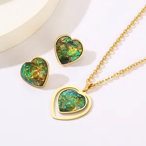 Elegant Jewelry For Women Gold Plated Stainless Steel Iridescent Resin Rhinestone Heart Necklace And Earrings Retro