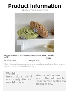 Detailed size guide for breathable hollow straw beret with adjustable 56-59cm inner strap