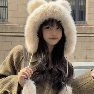Sweet Japanese Style Bear Ear Plush Trapper Hat Faux Fox Fur Ear Protection Warm Bomber Hat For Women Soft Headwear