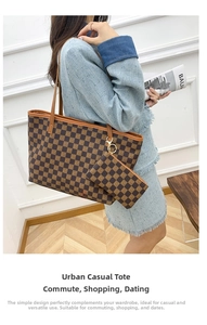 Detail view of large checkered tote bag with matching small coin pouch and S-logo print