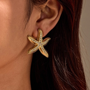 Elegant 18K gold plated stainless steel starfish stud earrings with white rhinestones