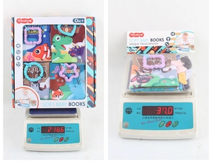 Detailed view of the soft baby cloth book set showing weight and quality packaging