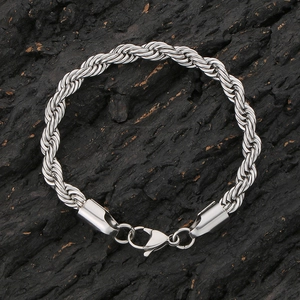 Polished silver stainless steel twist chain bracelet with secure lobster clasp for men