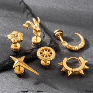 Punk Gold Plated Stainless Steel Stud Earrings Men Women Goth Ram Head Star Flower Cross Hip Hop Fashion Jewelry Accessory