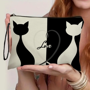 Trousse De Maquillage Imitation Lin Imprimé Silhouette Chat Queue De Cœur Amour Pochette À Fermeture Éclair Organisateur De Voyage Portable Pour Femmes