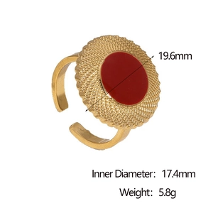 Detail view of 18k gold plated stainless steel ring with red enamel and size measurements