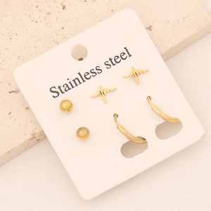 Lot de 3 paires de boucles d'oreilles dorées en acier inoxydable, cœur et perles
